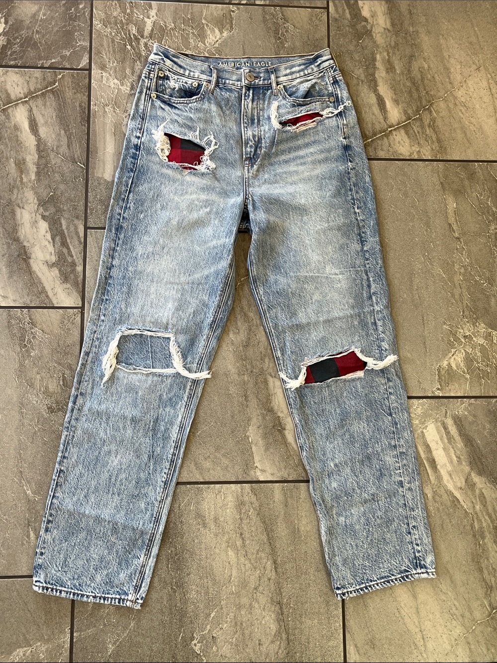 ❤️ American Eagle Highest Rise 90s Boyfriend Jeans Flannel Size 8 Long Plaid